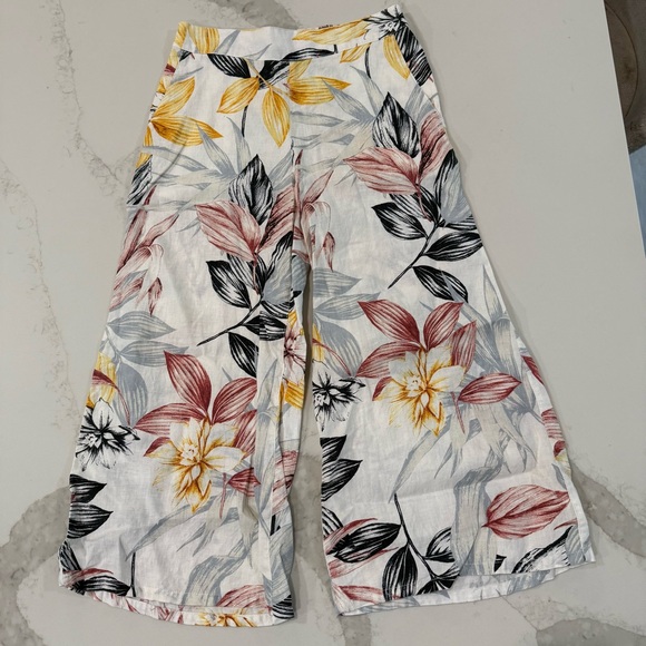 C&C California 100% Linen Tropical Floral Wide Leg Flowy Cropped Pants Womens XS - Picture 1 of 7